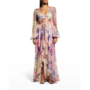 PATBO Womens Dress XS Pink Iris Floral Crochet Robe Tie Front Cascading Sheer